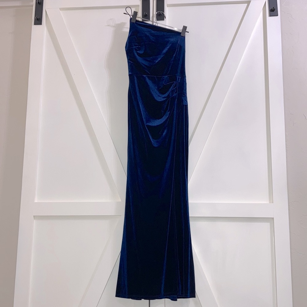 Long navy blue velvet dress